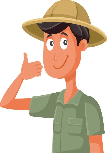 Vector illustration of Man Wearing Safari Costume Holding Thumbs Up Vector Cartoon