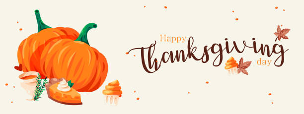 Thanksgiving banner Festive background with orange pumpkins, autumn leaves with cute desserts. horizontal holiday poster website header flat top view vector illustration Thanksgiving banner Festive background with orange pumpkins, autumn leaves with cute desserts. horizontal holiday poster website header flat top view vector thanksgiving holiday hours stock illustrations
