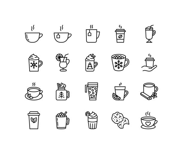 illustrations, cliparts, dessins animés et icônes de ensemble d’icônes de ligne plate de boissons d’hiver. thé, cacao aux guimauves, boissons réchauffantes hivernales et cappuccino chaud et tasses de latte. illustration vectorielle plate simple pour site web ou application mobile - coffee alcohol wine chocolate