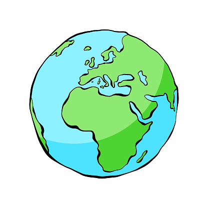 Vector illustration of planet Earth in a cartoon style. Cut out design element on a white background. Contour line and flat colors.