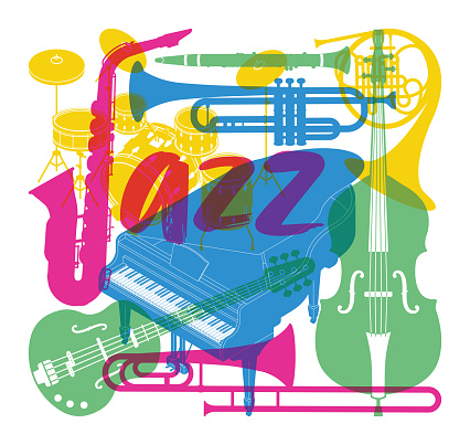 Vector illustration of jazz musical instruments (saxophone, piano, trumpet, trombone, contrabass, clarinet, drums, guitar, french horn). Poster design for jazz music band, a jazz record, jazz music concert, jazz orchestra. CMYK colors, color overlay, overprint effect.
