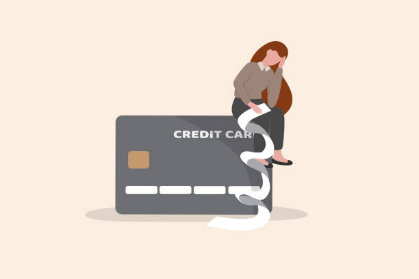 illustrazioni stock, clip art, cartoni animati e icone di tendenza di problema di debito della carta di credito, spesa eccessiva o problemi di shopping, consumismo o acquisto dipendente che causa il concetto di problema finanziario, donna senza speranza seduta con una lunga lista di fatture scadute sulla carta di credito. - maniaco dello shopping