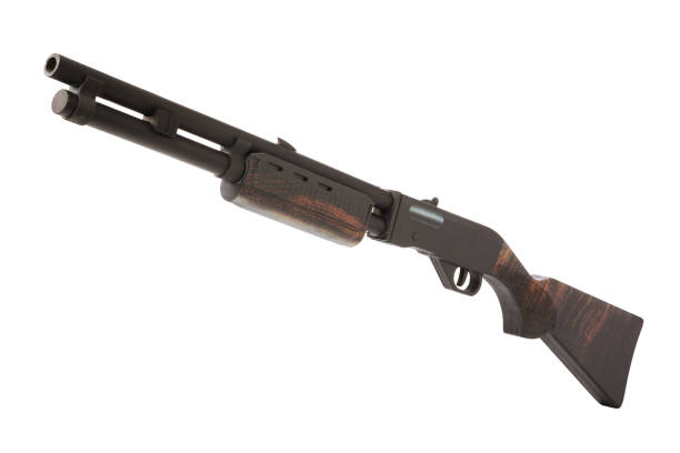 istock Wooden toy semi-automatic shotgun isolated on white background 1355229430