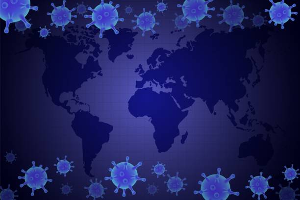 istock Covid-19 pandemic. World map, glowing corona virus cells, vector illustration. Global outbreak of coronavirus disease. 1355230412