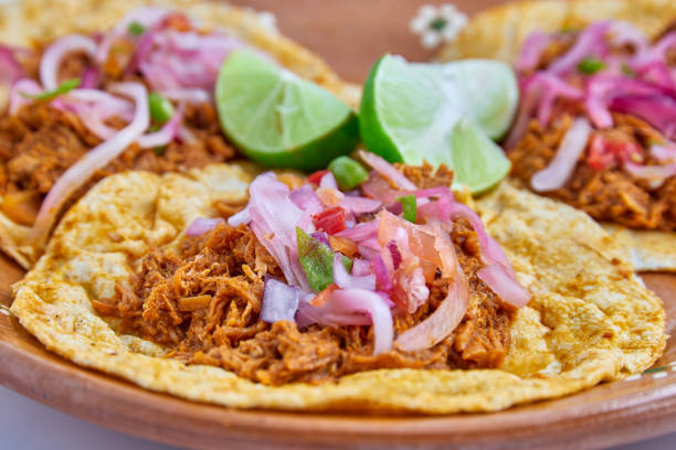 tacos de cochinita pibil, традиционная мексиканская кухня. типичная кухня региона юкатан на юге мексики. - salsa hot sauce mexico condiment стоковые фото и изображения