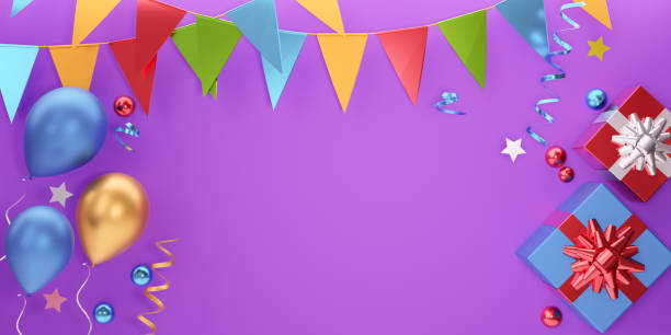 istock Party element banner background. 3D Balloon gift box star and hanging flag on purple background. 3D Illustration Rendering 1355232147