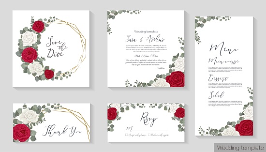 Vector floral template for wedding invitation. Red and white roses, eucalyptus, green plants and leaves. Gold polygonal frame. Invitation card, menu, label, round postcard, thank you, rsvp.