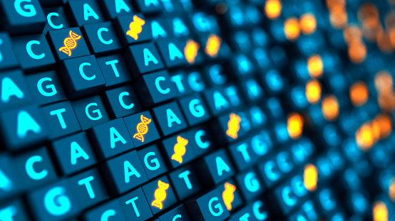 Futuristic 3d cubes background with DNA sequencing ACGT and double helix. Nucleic acid sequence. Genetic and scientific research. 3d illustration.
