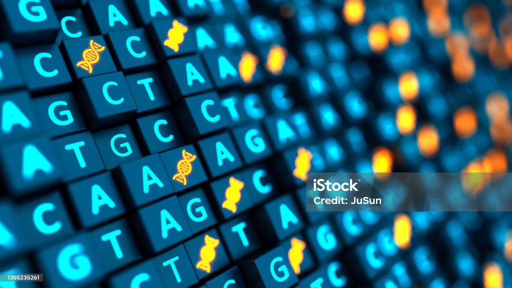 Futuristic 3d cubes background with DNA sequencing ACGT and double helix. Nucleic acid sequence. Genetic research. 3d illustration. Futuristic 3d cubes background with DNA sequencing ACGT and double helix. Nucleic acid sequence. Genetic and scientific research. 3d illustration. DNA Stock Photo