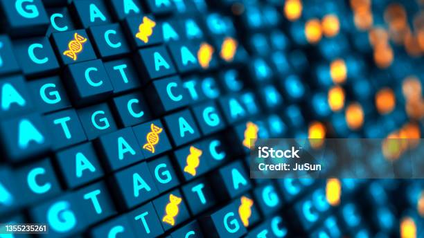 Futuristic 3d Cubes Background With Dna Sequencing Acgt And Double Helix Nucleic Acid Sequence Genetic Research 3d Illustration Stock Photo - Download Image Now