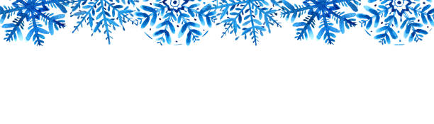 istock Winter background with blue watercolor snowflakes on the top on white. Long rectangle. 1355235514