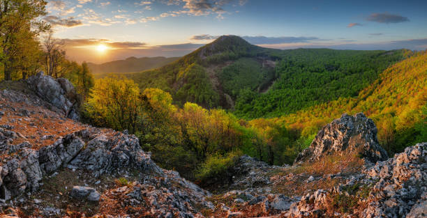 istock Beautiful sunrise in mountains with sun -  panorama 1355236323