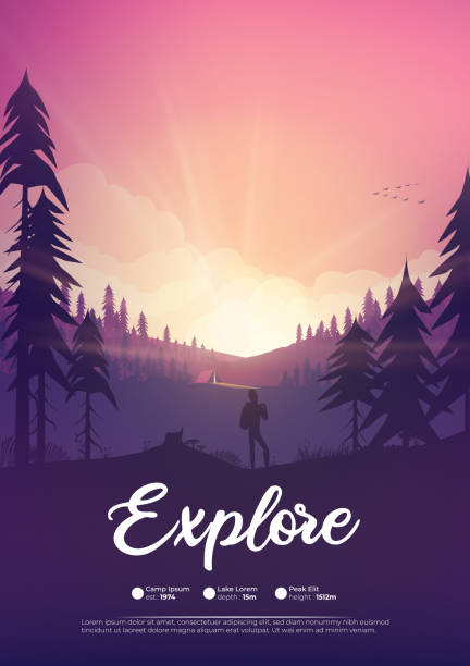 плакат лагеря с сосновым лесом и плакатом с горами - вечерние сумерки stock illustrations