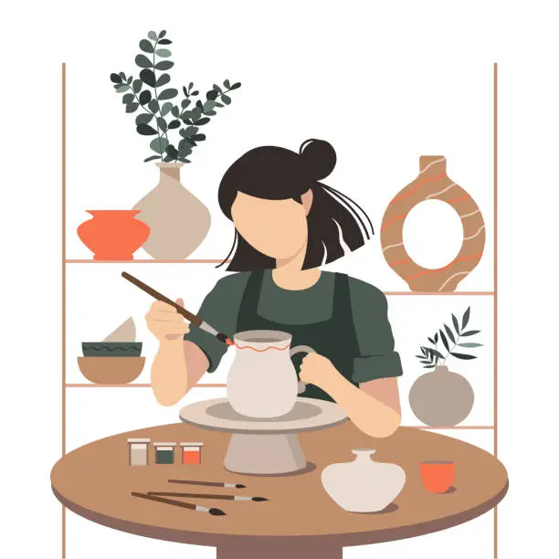 Vector illustration of Woman decorating pot working at ceramic studio.