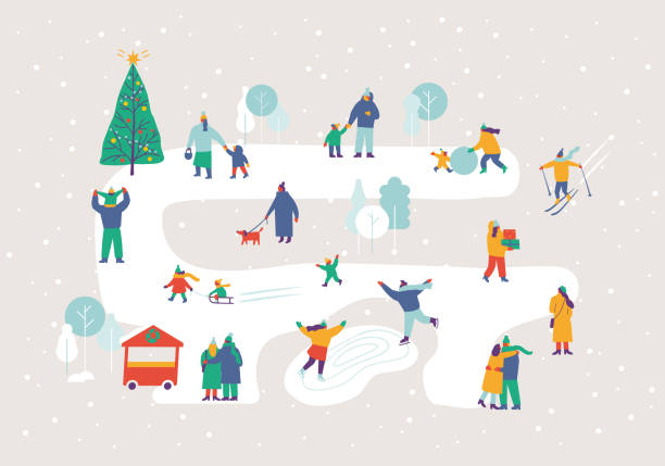 glückliche menschen in warmen kleidern im verschneiten winterpark. - weihnachtsmarkt stock-grafiken, -clipart, -cartoons und -symbole