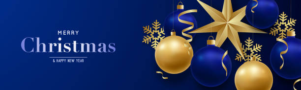 istock Merry Christmas and Happy New Year horizontal banner. Festive background with realistic Christmas balls, star and decorative snowflakes. Stock vector illustration. 1355242852