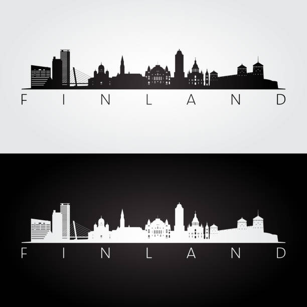 finnische skyline und wahrzeichen silhouette, schwarz-weiß-design, vektorillustration. - helsinki stock-grafiken, -clipart, -cartoons und -symbole