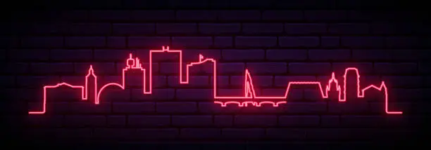 Vector illustration of Red neon skyline of Geneva. Bright Geneva City long banner. Vector illustration.