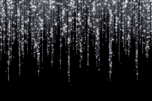 Silver holiday decoration long glitter garland on black background. Vector illustration