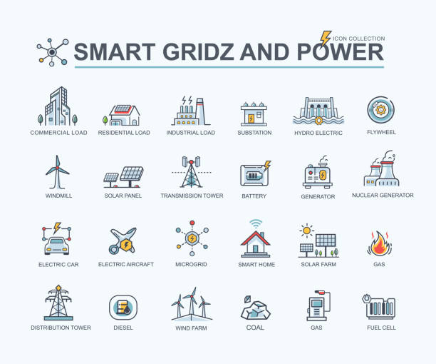 Smart grid web icon for sustainable energy and Industrial,  solar power, thermal, hydroelectric, electric vehicle, smart home and wind power. Minimal vector. Smart grid web icon for sustainable energy and Industrial,  solar power, thermal, hydroelectric, electric vehicle, smart home and wind power. Minimal vector. power mast stock illustrations