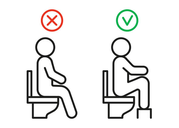 Correct toilet sitting posture, right position for light defecation with angle in knee and stage. Right and wrong posture of sitting on toilet. Vector line sign Correct toilet sitting posture, right position for light defecation with angle in knee and stage. Right and wrong posture of sitting on toilet. Vector line icon adjusting seat stock illustrations