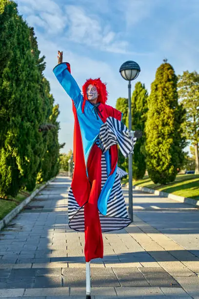 Full body of funny stilt walker in multicolored clown costumes and wigs, with painted faces strolling on paved alley amidst green trees in park on sunny day