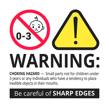 Not suitable for children under 3 years choking hazard forbidden sign sticker isolated on white background vector illustration. Warning triangle and exclamation mark, sharp edges.