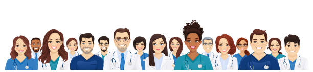 ilustraciones, imágenes clip art, dibujos animados e iconos de stock de equipo médico multiétnico - doctor healthcare and medicine nurse team