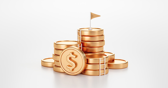 Grow business competition of money success goal or growth financial gold coin stack achievement target and investment wealth cash currency isolated on white 3d background with economy market banking.