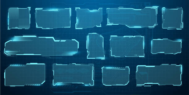sci fi nowoczesny futurystyczny kwadrat interfejsu użytkownika. hologram zaawansowanego technologicznie ekranu, nowoczesne okno interfejsu.  szablony technologii hud i cyfrowych ramek cybernetycznych ilustracja stockowa - ekran projekcyjny stock illustrations