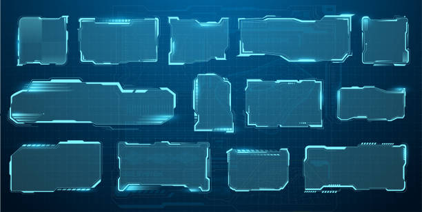 Sci Fi modern futuristic user interface square. Hologram high tech screen, modern interface window. HUD tech and digital cyber frames templates stock illustration Sci Fi modern futuristic user interface square. Hologram high tech screen, modern interface window. HUD tech and digital cyber frames gaming menu touching cyber monitoring set. Vector illustration window grid patterns stock illustrations