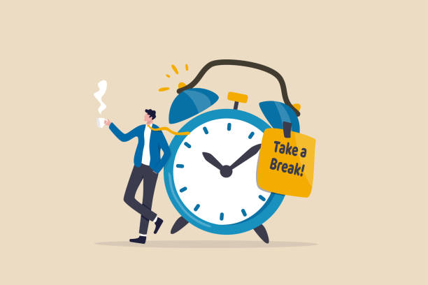 time to take a break, coffee break time to relax and refresh from long stress interval, free from bored, sleepy and fatigue concept, relax businessman with a cup of coffee or tea with alarm clock. - mola vermek stock illustrations