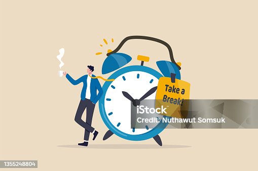 istock Time to take a break, coffee break time to relax and refresh from long stress interval, free from bored, sleepy and fatigue concept, relax businessman with a cup of coffee or tea with alarm clock. 1355248804
