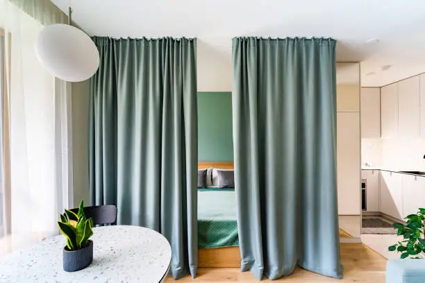 A tiny apartment, living room separated from bedroom by a curtain.