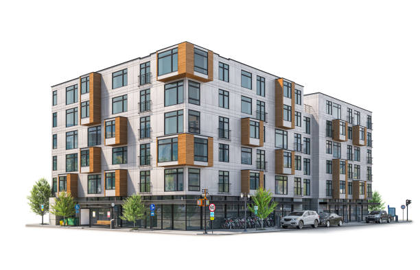 istock Modern residential building at the white background. 3d illustration 1355250786