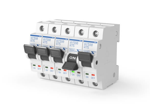 interruttore automatico. interruttori elettrici su sfondo bianco. illustrazione 3d - circuit breaker foto e immagini stock