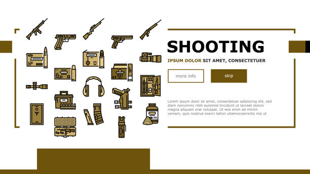 Shooting Weapon And Accessories Landing Header Vector Shooting Weapon And Accessories Landing Web Page Header Banner Template Vector. Pepper Spray And Ammo Box, Centerfire And Rimfire Pistol, Night Vision Scope And Ear Muffs For Shooting Gun Illustration gun holster stock illustrations