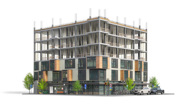 Building in half of construction with a finished building facade on white background. 3d illustration