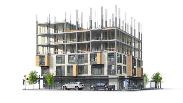 istock Building in half of construction with a finished building facade on white background. 3d illustration 1355251129