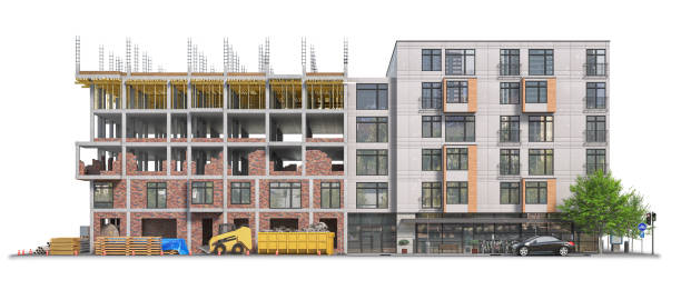 istock Building in half of construction with a finished building facade on white background. 3d illustration 1355251741
