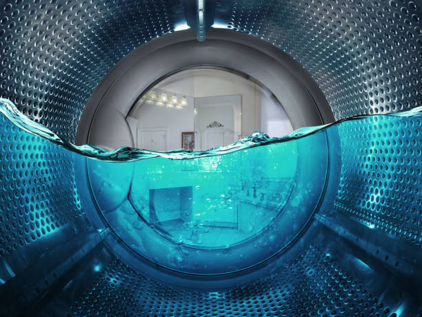 widok z pralki z wodą. ilustracja 3d. - washing machine zdjęcia i obrazy z banku zdjęć