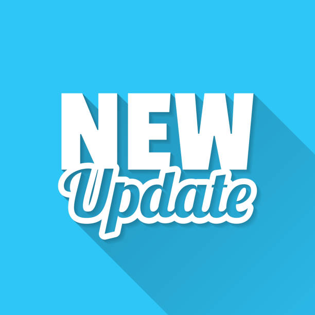 neues update. icon auf blauem hintergrund - flat design mit langem schatten - aktualisierung kommunikation stock-grafiken, -clipart, -cartoons und -symbole