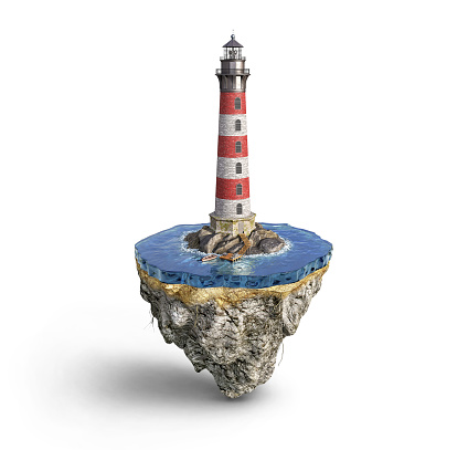 A red and white lighthouse located on cliffs among the sea on a floating island isolated on white background, 3d illustration