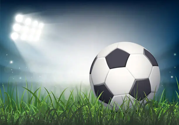 Vector illustration of Soccer ball lies on the grass of the stadium.