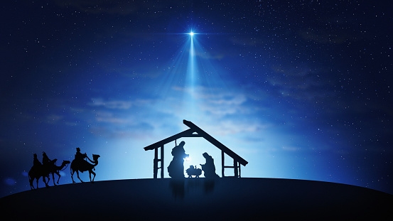 Christmas Scene with twinkling stars and brighter star of Bethlehem with nativity characters. Nativity Christmas story under starry sky and moving wispy clouds.