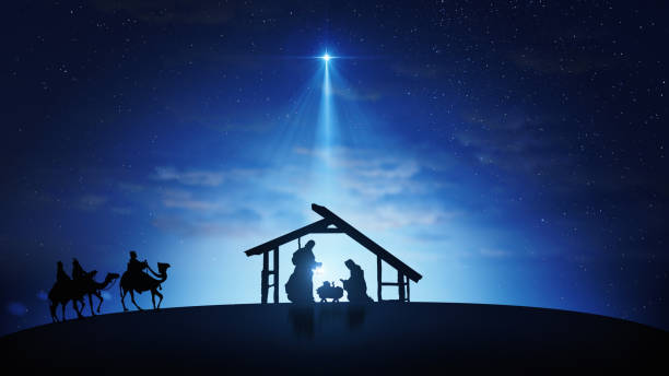 Nativity Christmas story under starry sky and moving wispy clouds Christmas Scene with twinkling stars and brighter star of Bethlehem with nativity characters. Nativity Christmas story under starry sky and moving wispy clouds. west bank photos stock pictures, royalty-free photos & images