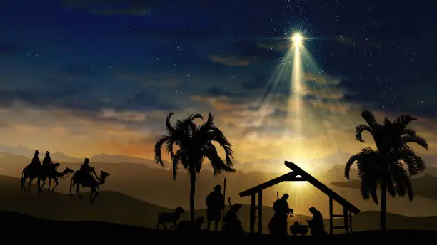 Christmas Scene with twinkling stars and brighter star of Bethlehem with nativity characters animals and trees. Nativity Christmas story under starry sky and moving wispy clouds.