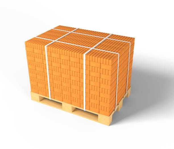 istock 3d render illustration pallets with brick isolated on white background. Realistic new red bricks stacked on wooden shipping pallet. Clay bricks for house and wall construction. Building materials. 1355255186