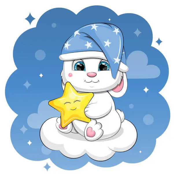 Vector illustration of A cute cartoon white rabbit in a nightcap holds a star and sits on a cloud.