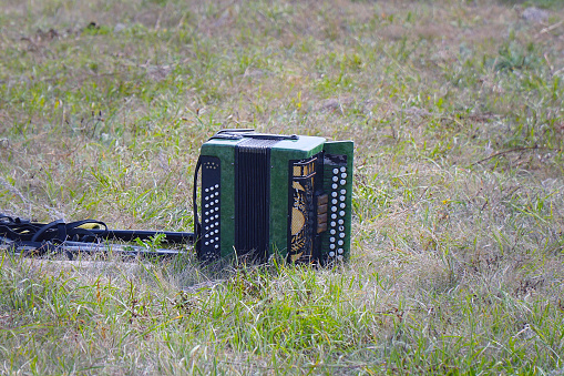 Russian accordion on the lawn on the green grass